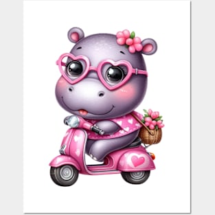 Valentine Hippo In Pink Scooter Posters and Art